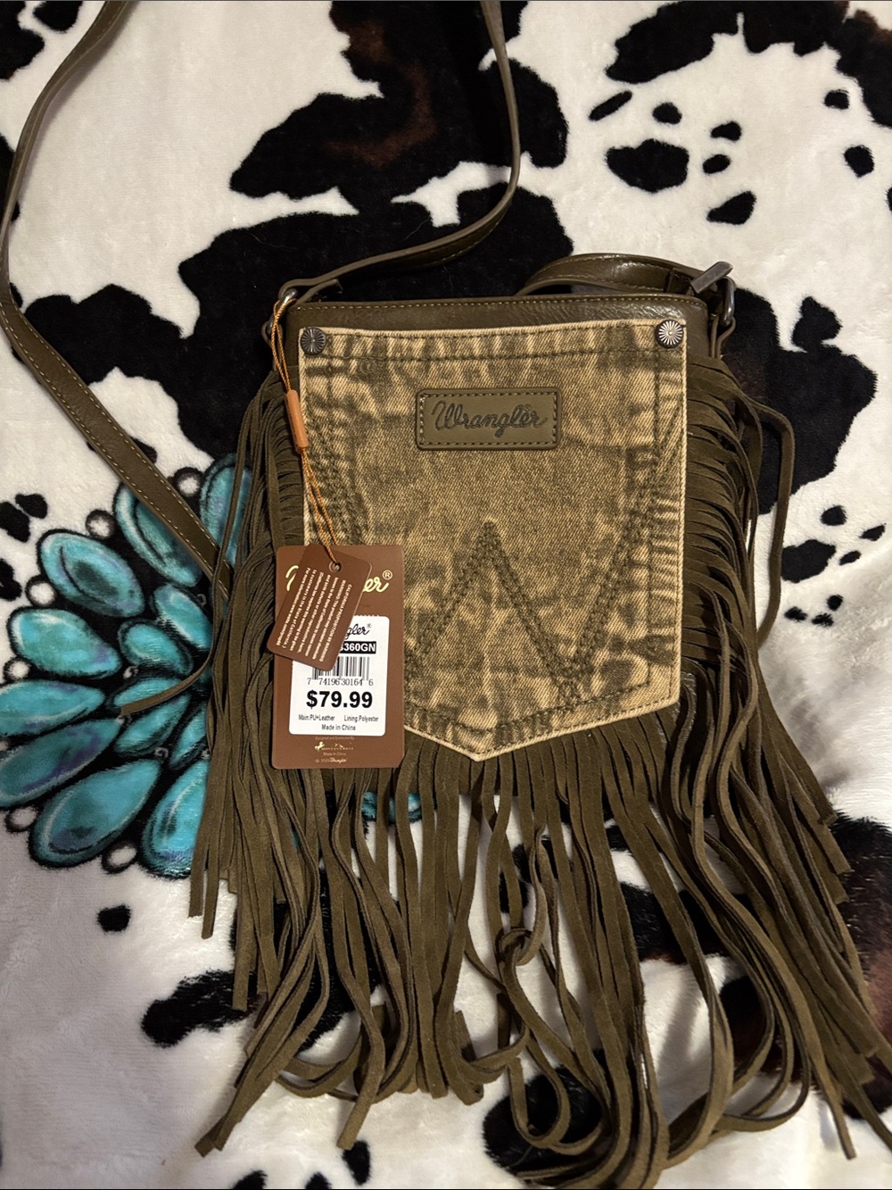 Wrangler Olive Fringe Crossbody with Faded Brown Pocket